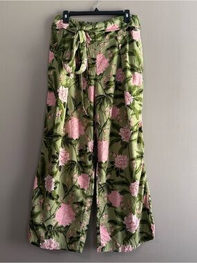 Aguabendita x Target Green Pink Peony Linen Blend Wide Leg Pants Womens Large